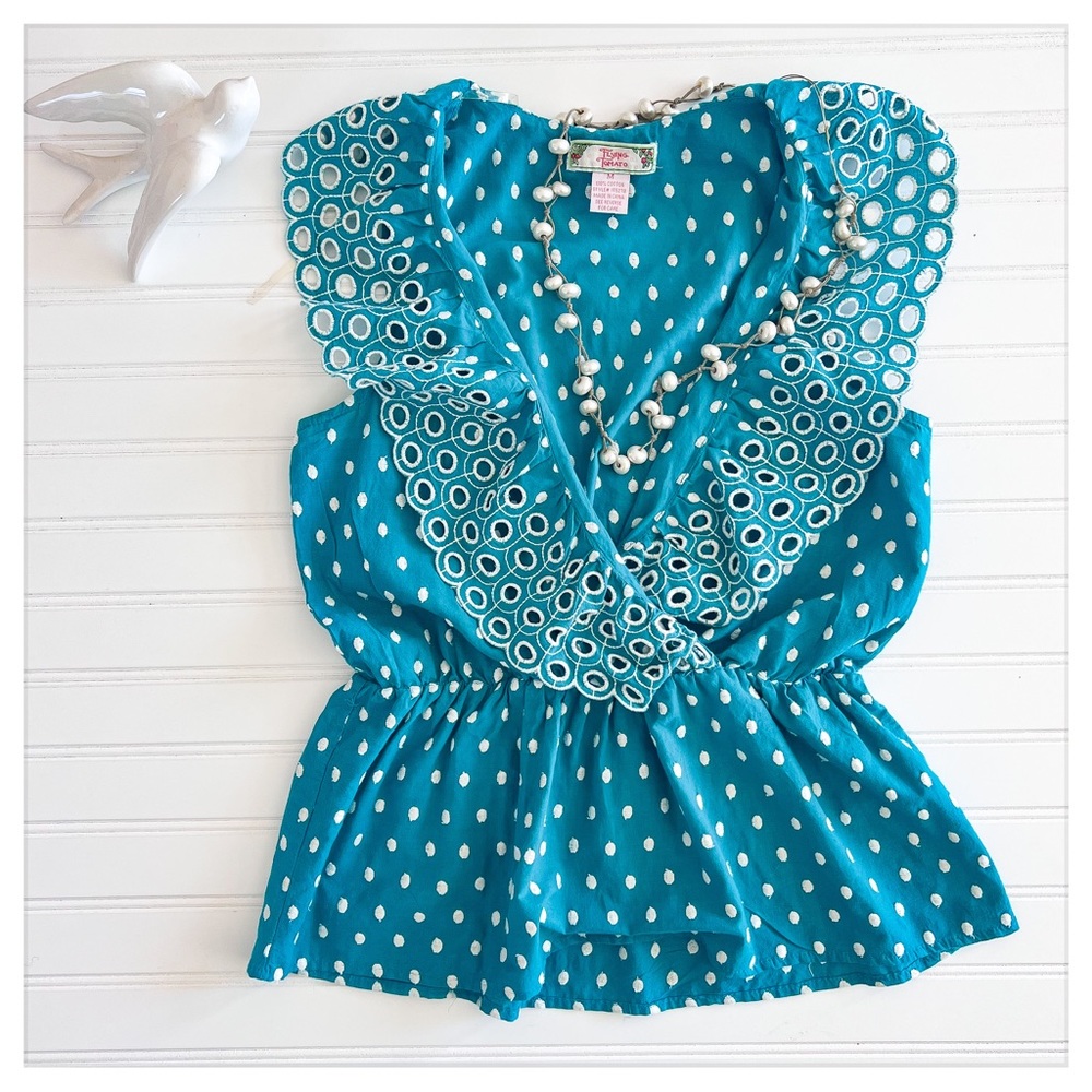Flying Tomato Teal Polka Dot Ruffle Boho Top